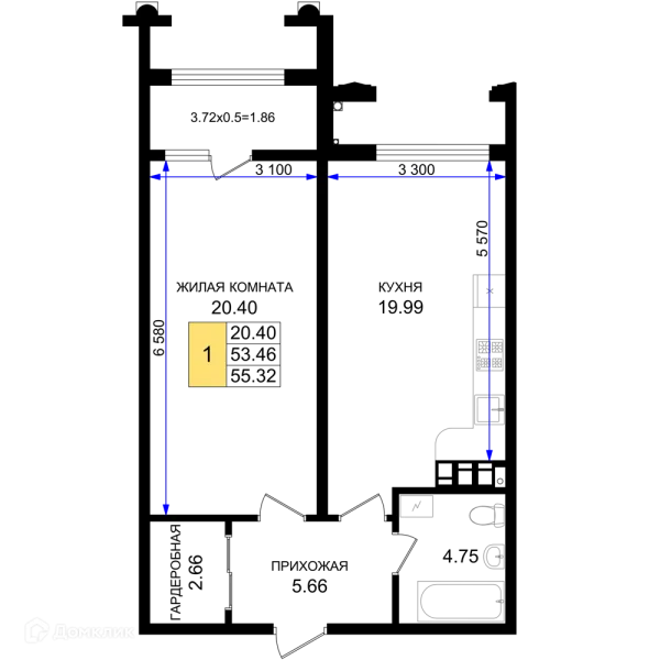Планировка 1 комн. в ЖК Резиденция морей