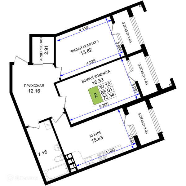 Планировка 2 комн. в ЖК Резиденция морей