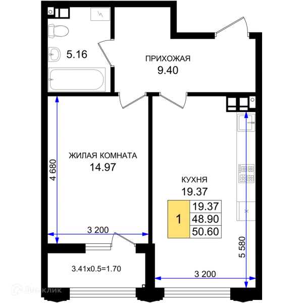 Планировка 1 комн. в ЖК Резиденция морей
