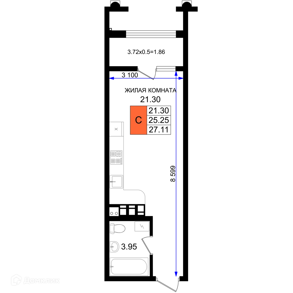Планировка студии квартиры 27.11 м² в ЖК Резиденция морей, г. Новороссийск — фото 1