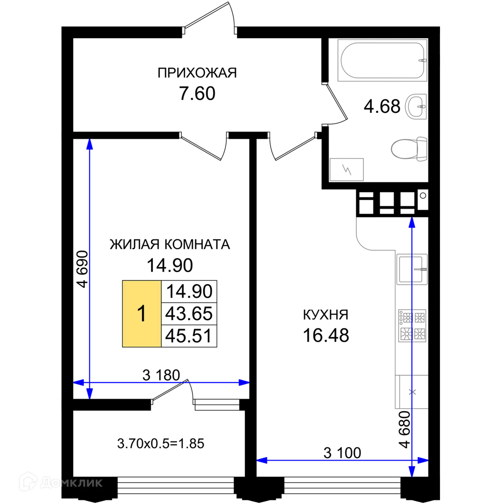 Планировка 1-комнатной квартиры 45.51 м² в ЖК Резиденция морей, г. Новороссийск — фото 1