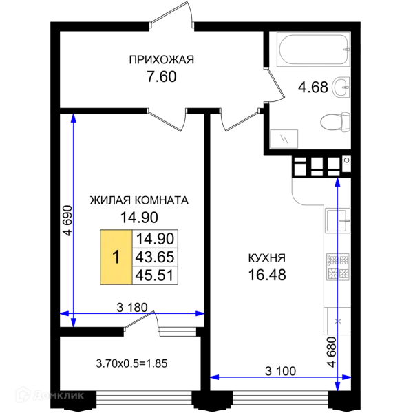 Планировка 1 комн. в ЖК Резиденция морей