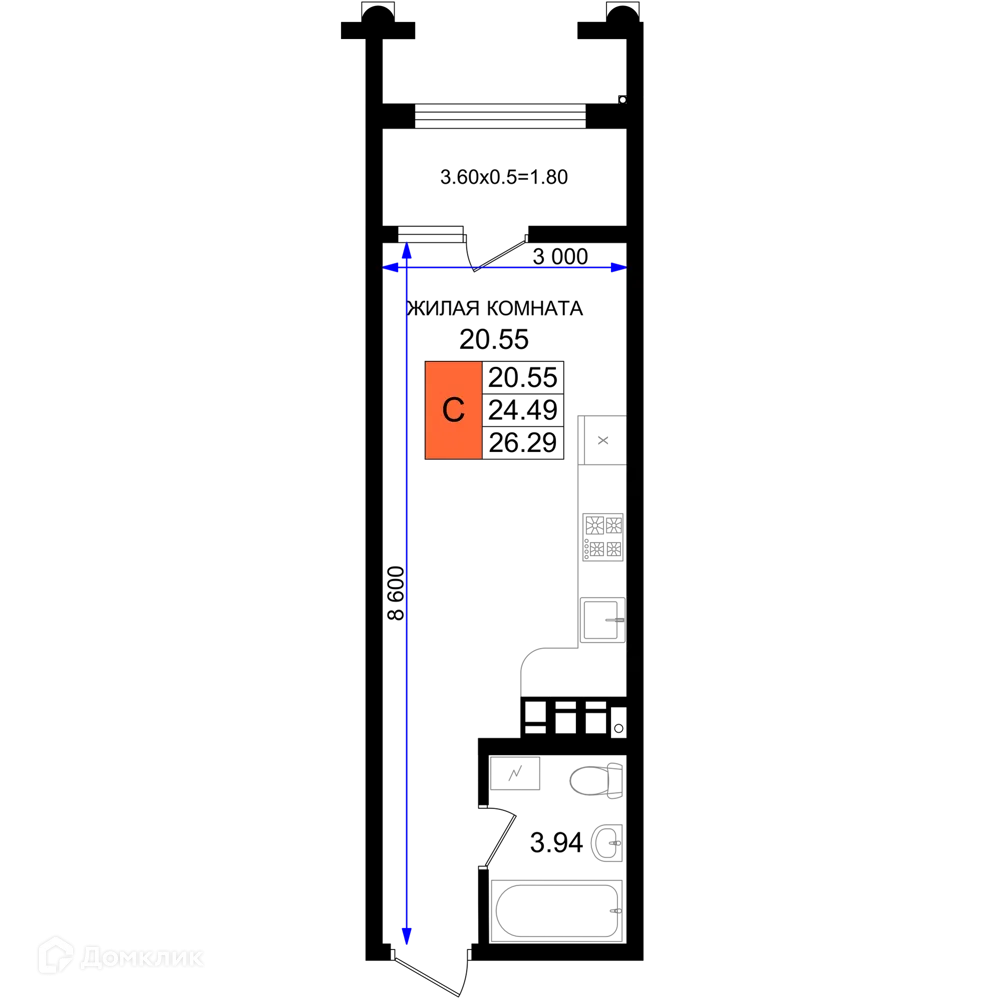 Планировка студии квартиры 26.29 м² в ЖК Резиденция морей, г. Новороссийск — фото 1