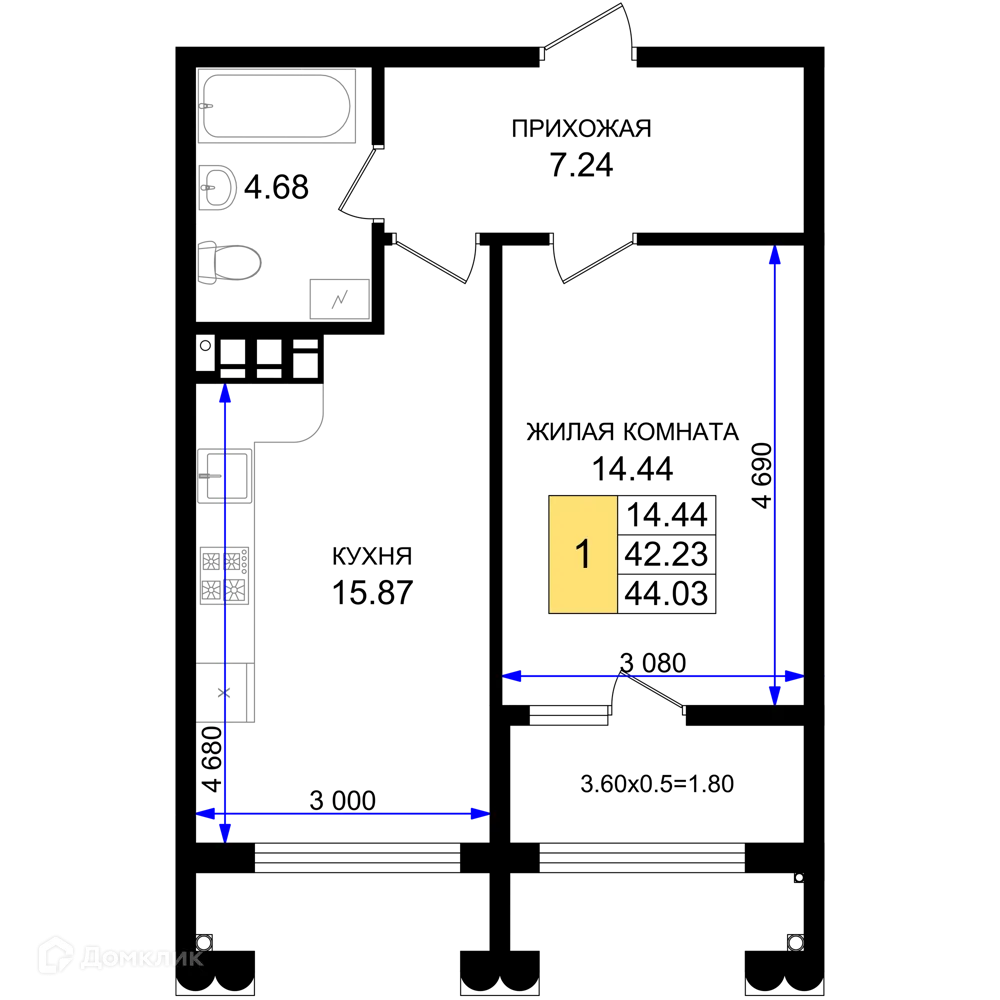 Планировка 1-комнатной квартиры 44.03 м² в ЖК Резиденция морей, г. Новороссийск — фото 1