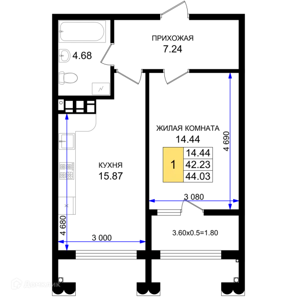 Планировка 1 комн. в ЖК Резиденция морей