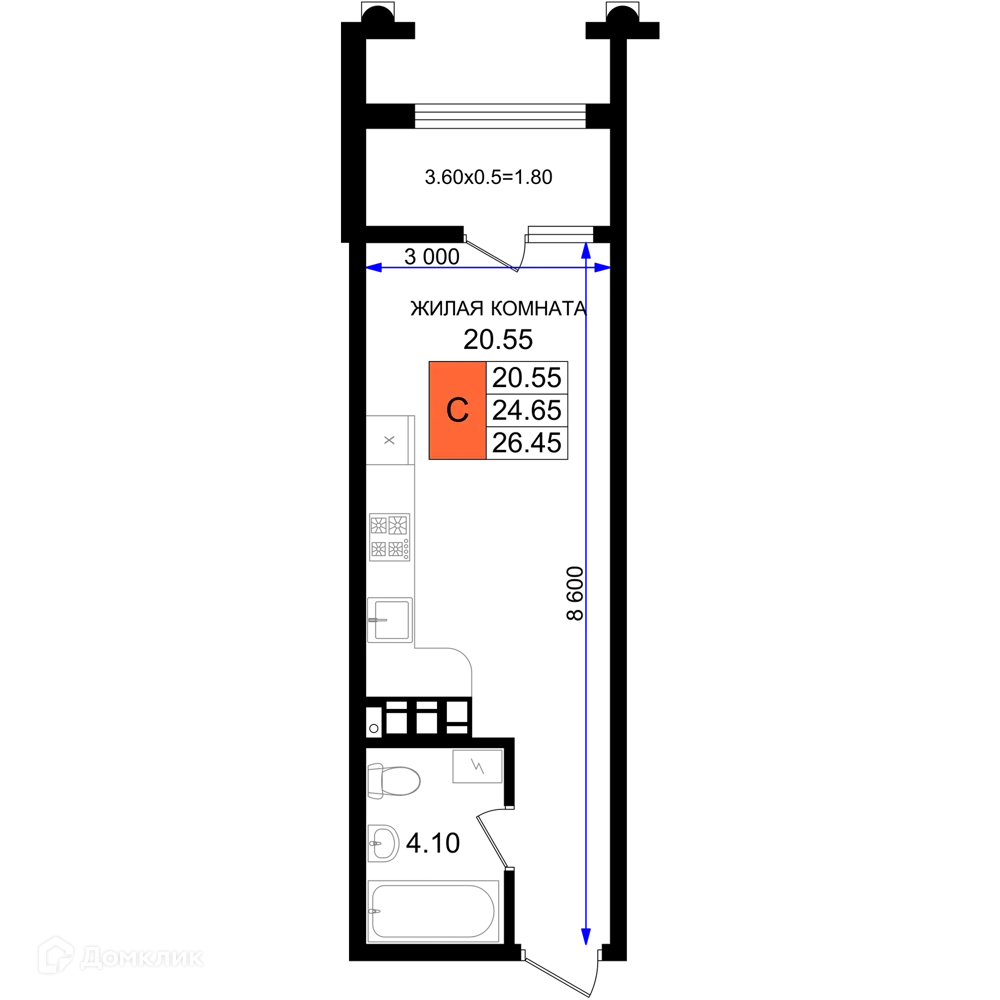 Планировка студии квартиры 26.45 м² в ЖК Резиденция морей, г. Новороссийск — фото 1