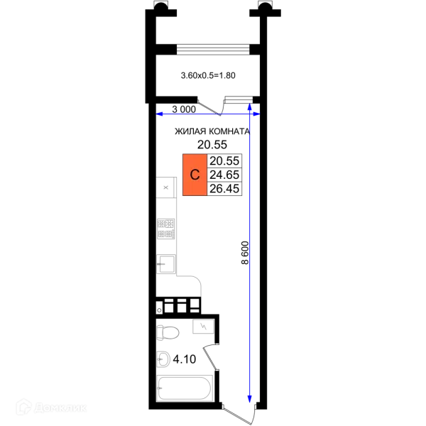 Планировка Студия в ЖК Резиденция морей