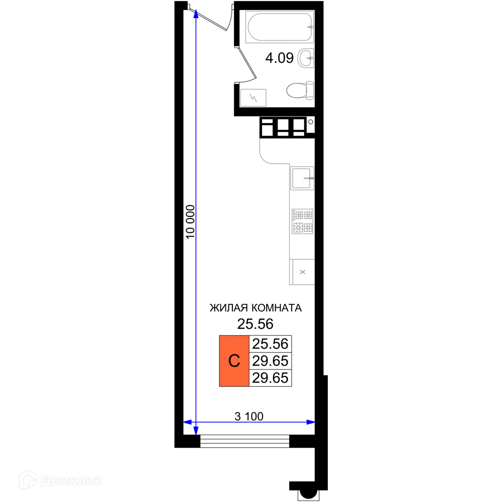 Планировка студии квартиры 29.65 м² в ЖК Резиденция морей, г. Новороссийск — фото 1