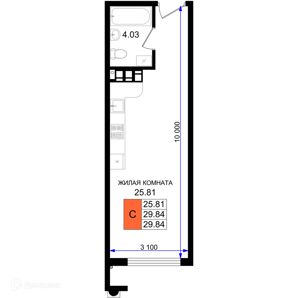 Планировка студии квартиры 29.84 м² в ЖК Резиденция морей, г. Новороссийск — фото 1