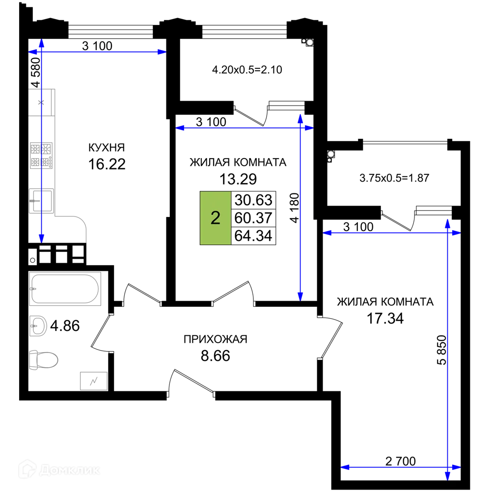 Планировка 2-комнатной квартиры 64.34 м² в ЖК Резиденция морей, г. Новороссийск — фото 1