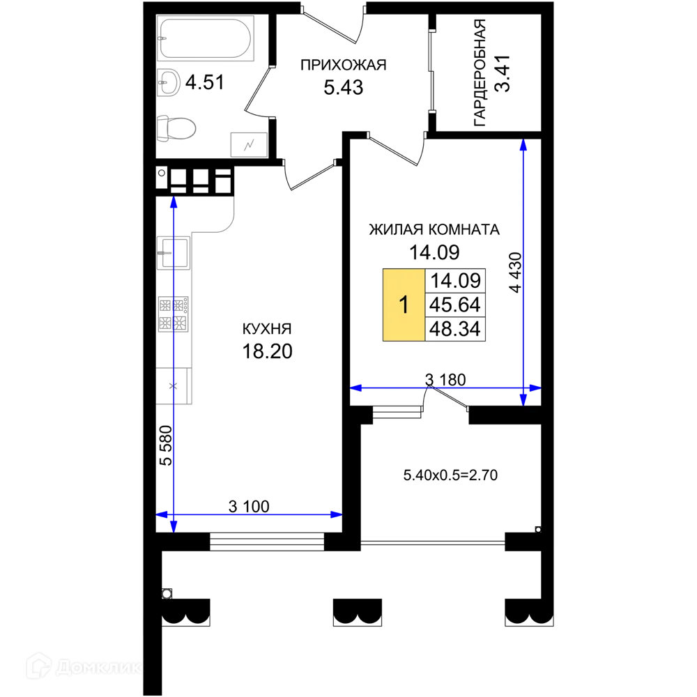 Планировка 1-комнатной квартиры 48.34 м² в ЖК Резиденция морей, г. Новороссийск — фото 1