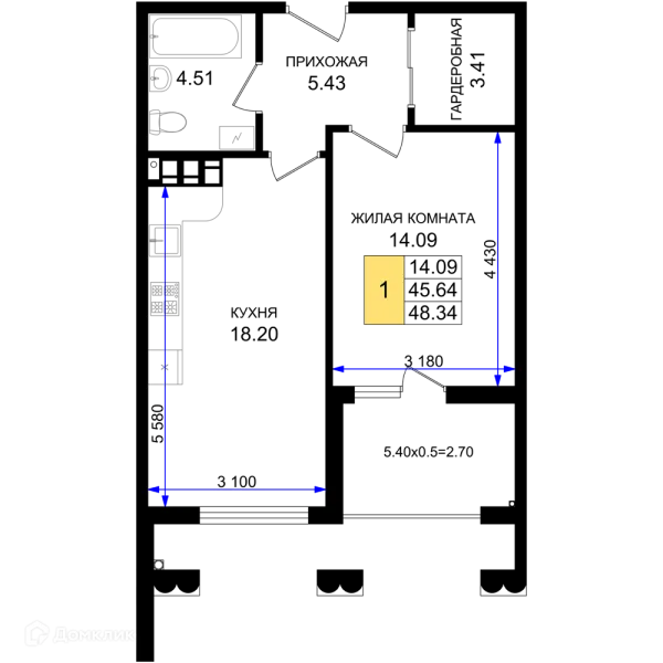 Планировка 1 комн. в ЖК Резиденция морей