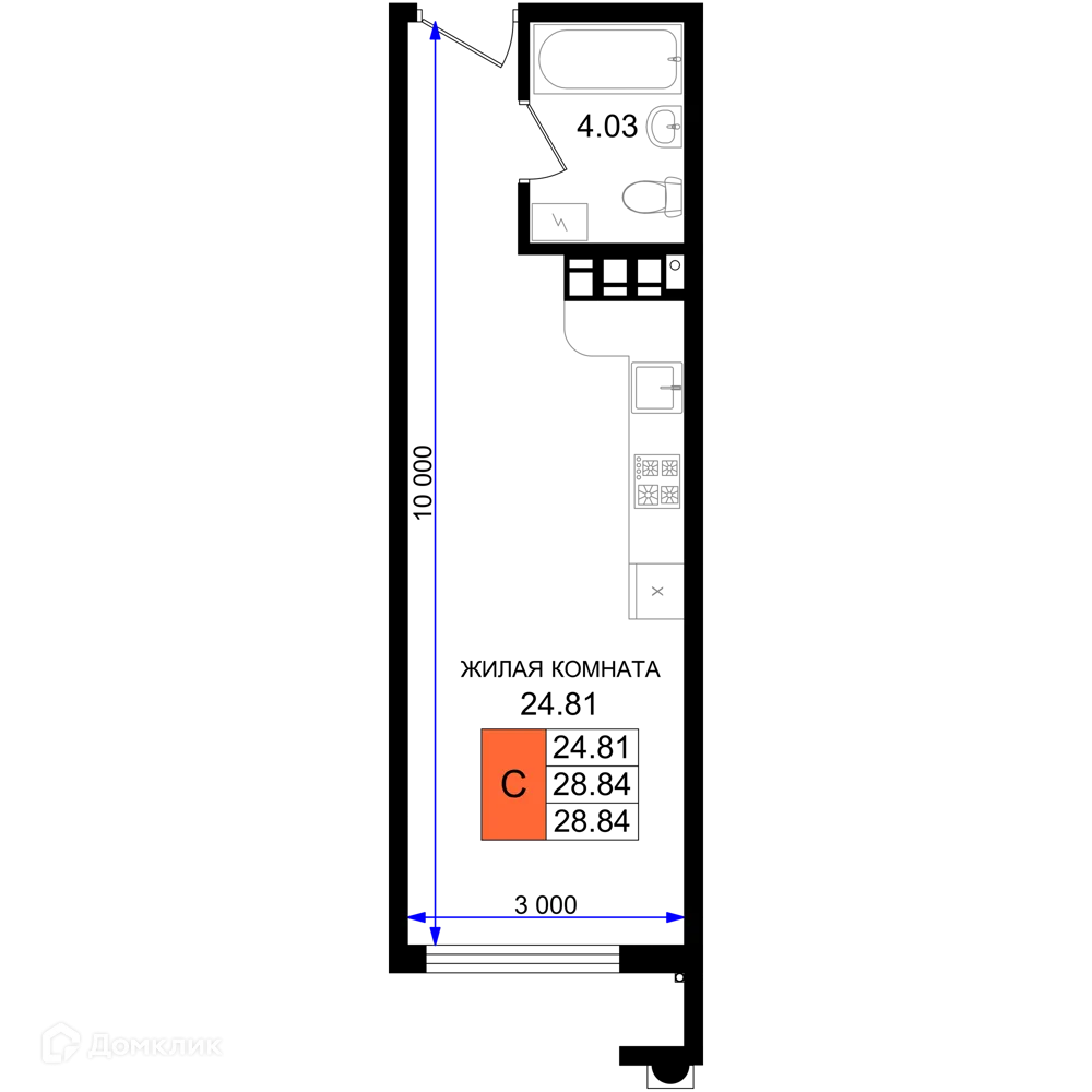 Планировка студии квартиры 28.84 м² в ЖК Резиденция морей, г. Новороссийск — фото 1