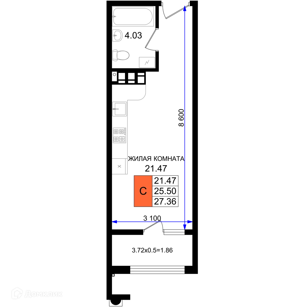 Планировка студии квартиры 27.36 м² в ЖК Резиденция морей, г. Новороссийск — фото 1