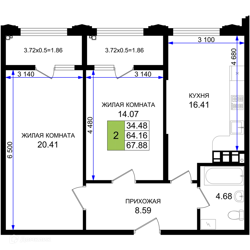 Планировка 2-комнатной квартиры 67.88 м² в ЖК Резиденция морей, г. Новороссийск — фото 1