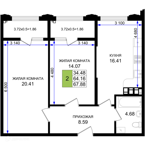 Планировка 2 комн. в ЖК Резиденция морей