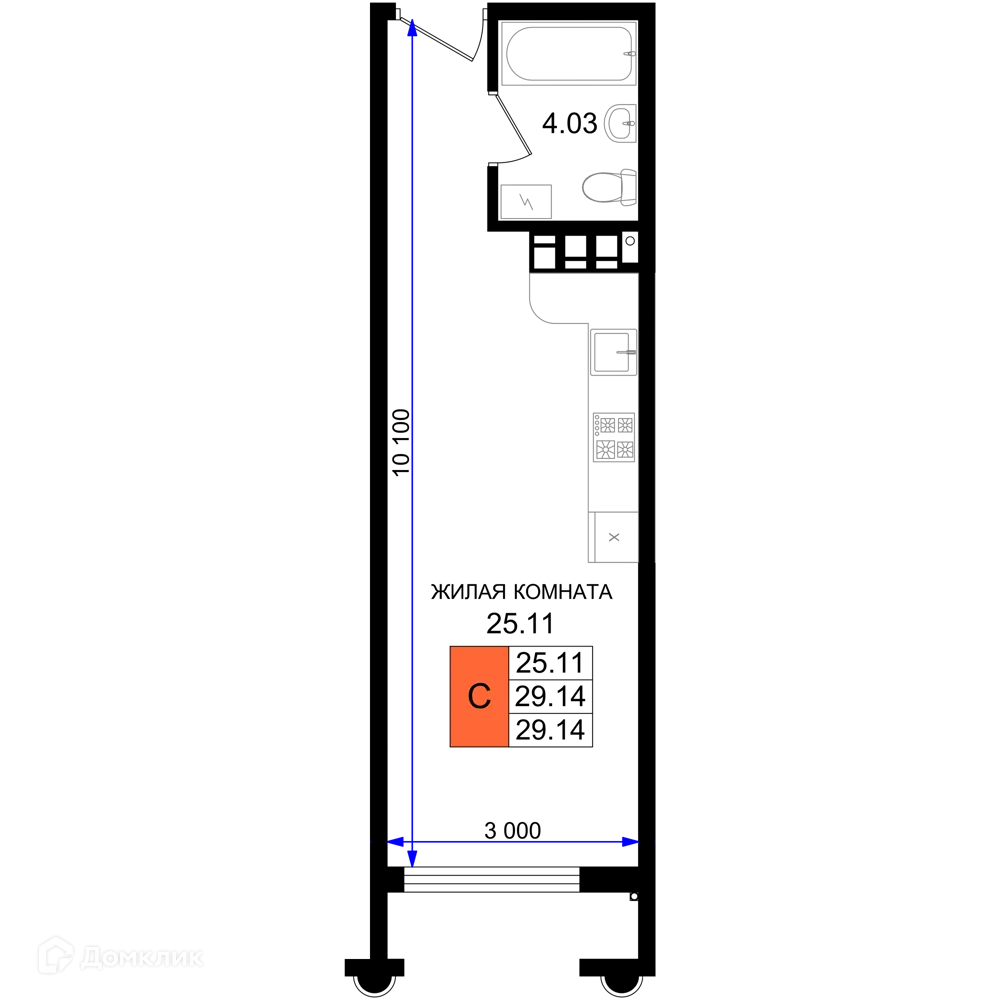 Планировка студии квартиры 29.14 м² в ЖК Резиденция морей, г. Новороссийск — фото 1