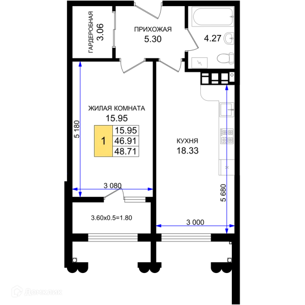 Планировка 1 комн. в ЖК Резиденция морей
