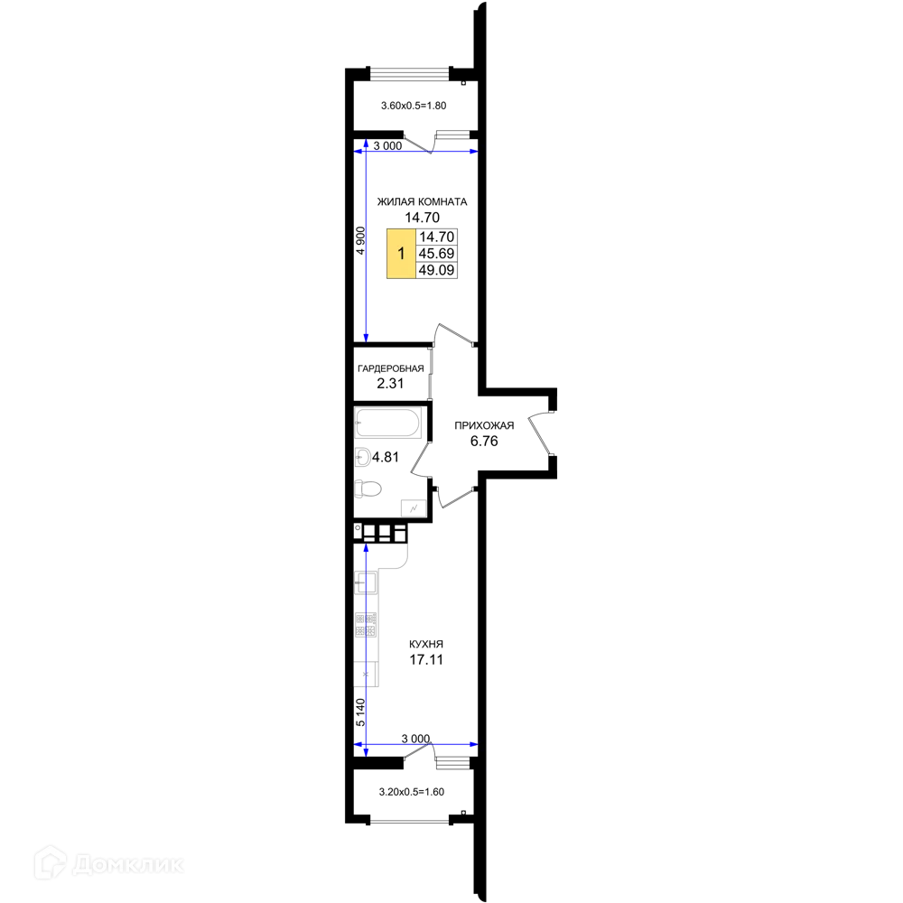 Планировка 1-комнатной квартиры 49.09 м² в ЖК Резиденция морей, г. Новороссийск — фото 1