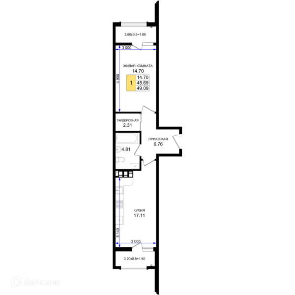 Планировка 1 комн. в ЖК Резиденция морей