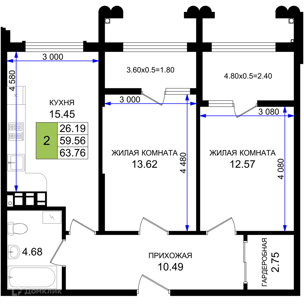 Планировка 2-комнатной квартиры 63.76 м² в ЖК Резиденция морей, г. Новороссийск — фото 1
