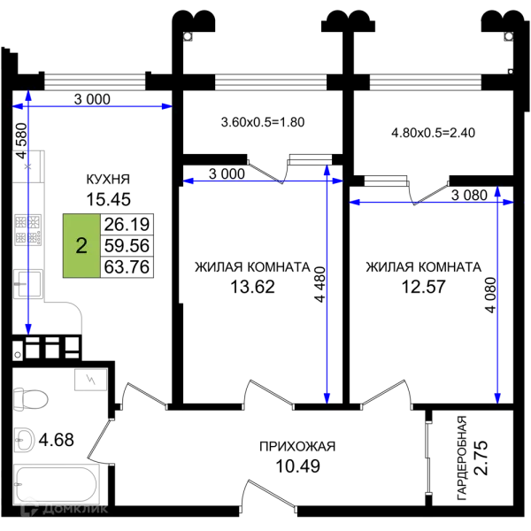 Планировка 2 комн. в ЖК Резиденция морей