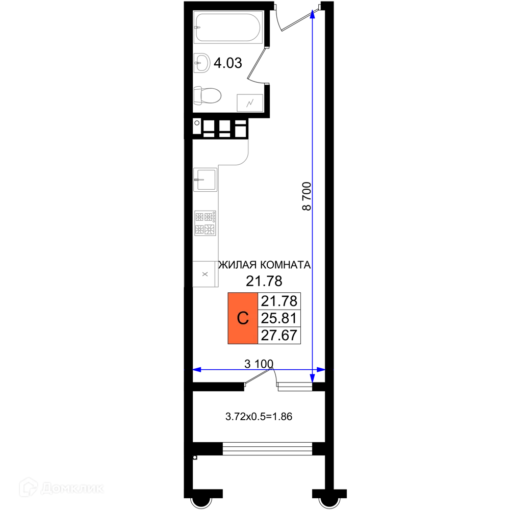 Планировка студии квартиры 27.67 м² в ЖК Резиденция морей, г. Новороссийск — фото 1
