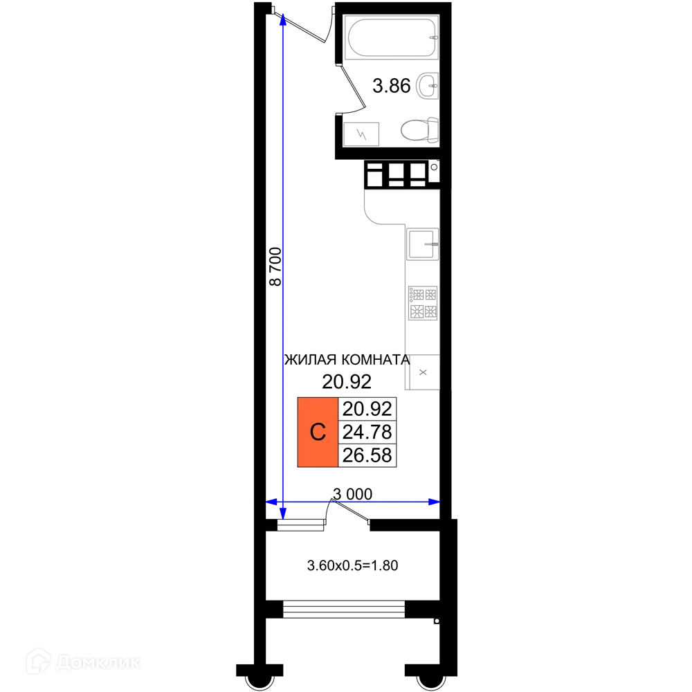 Планировка студии квартиры 26.58 м² в ЖК Резиденция морей, г. Новороссийск — фото 1