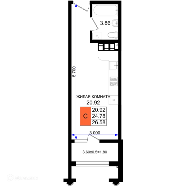 Планировка Студия в ЖК Резиденция морей