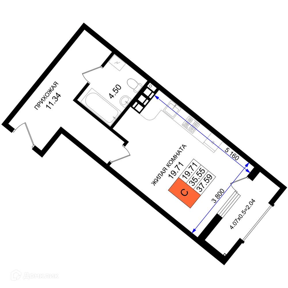 Планировка студии квартиры 37.59 м² в ЖК Резиденция морей, г. Новороссийск — фото 1