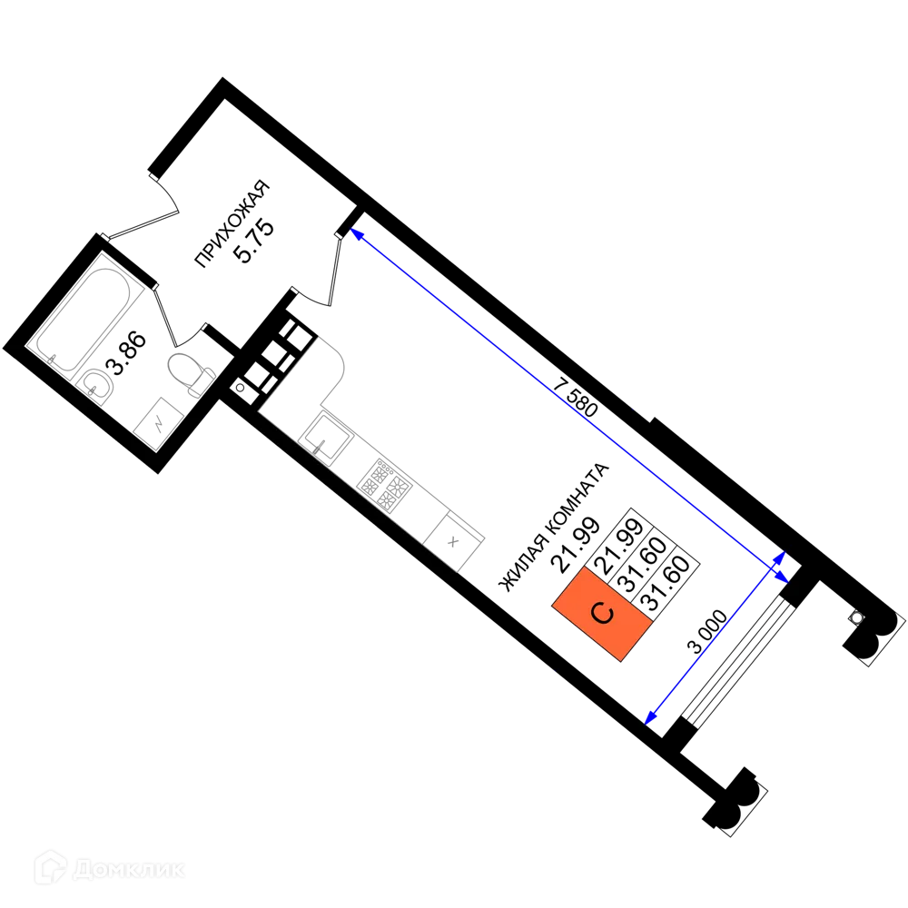 Планировка студии квартиры 31.6 м² в ЖК Резиденция морей, г. Новороссийск — фото 1