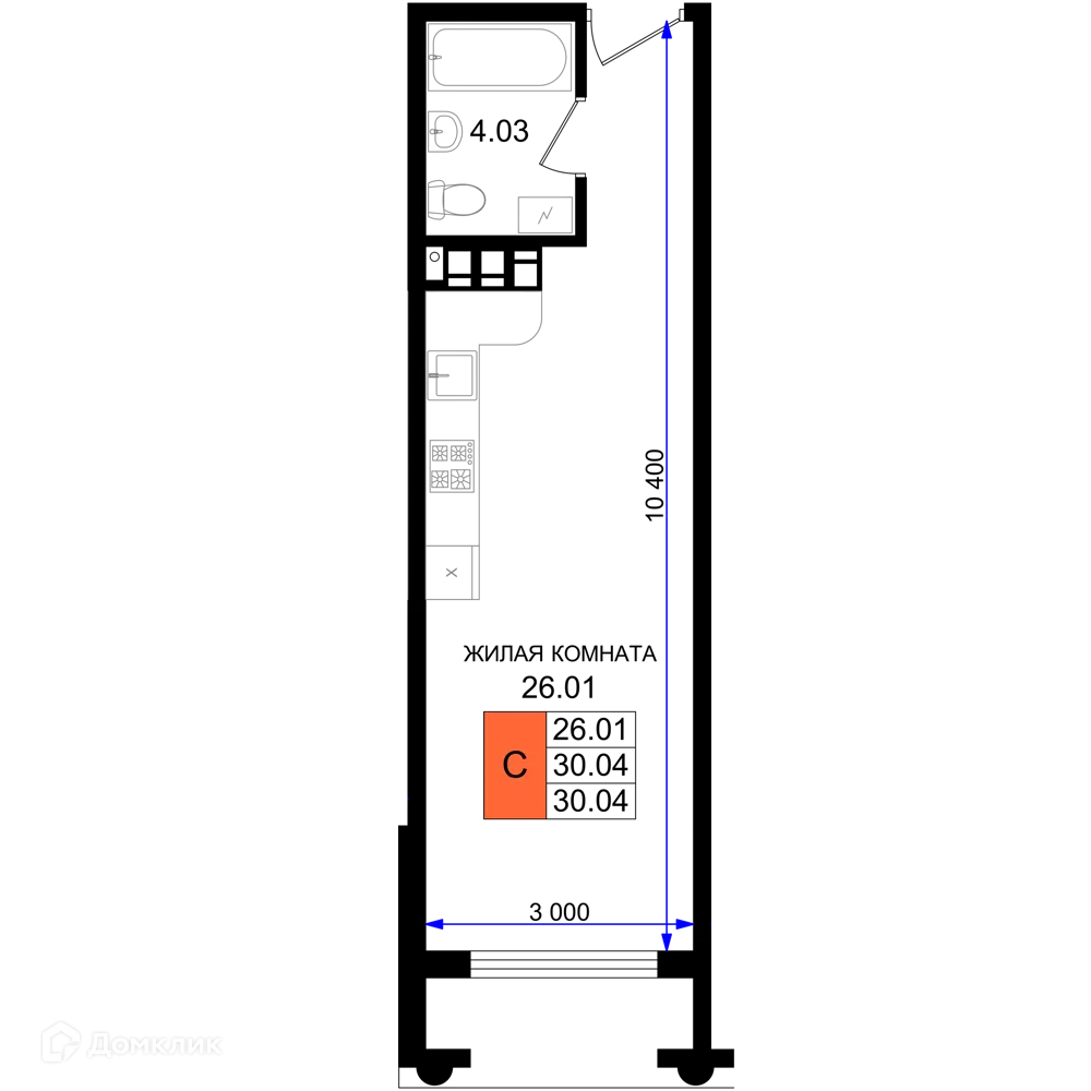 Планировка студии квартиры 30.04 м² в ЖК Резиденция морей, г. Новороссийск — фото 1