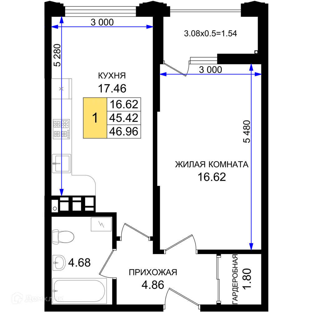 Планировка 1-комнатной квартиры 46.96 м² в ЖК Резиденция морей, г. Новороссийск — фото 1