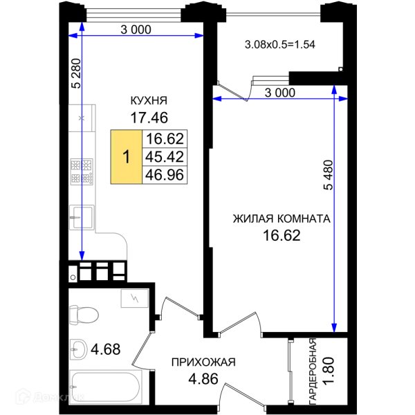 Планировка 1 комн. в ЖК Резиденция морей