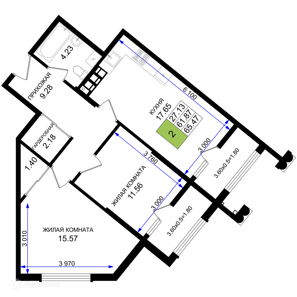 Планировка 2-комнатной квартиры 65.47 м² в ЖК Резиденция морей, г. Новороссийск — фото 1