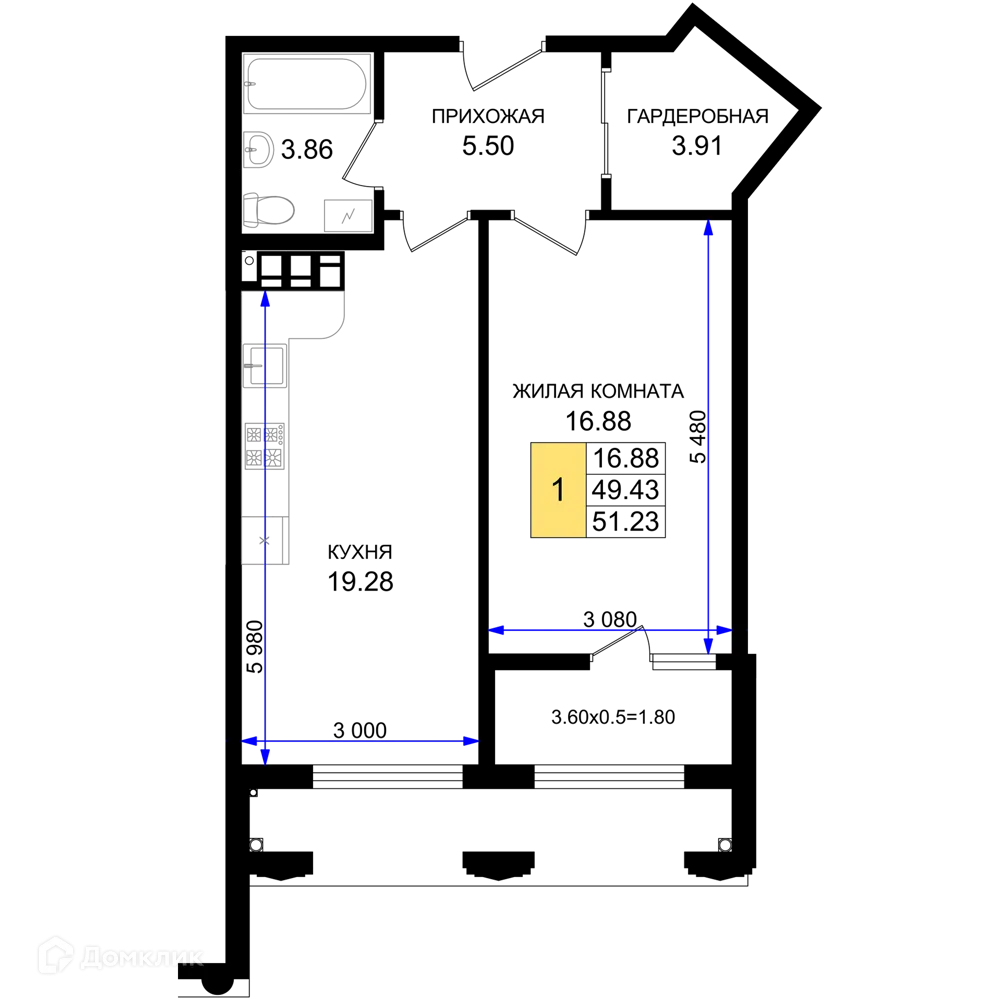 Планировка 1-комнатной квартиры 51.23 м² в ЖК Резиденция морей, г. Новороссийск — фото 1