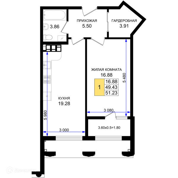 Планировка 1 комн. в ЖК Резиденция морей
