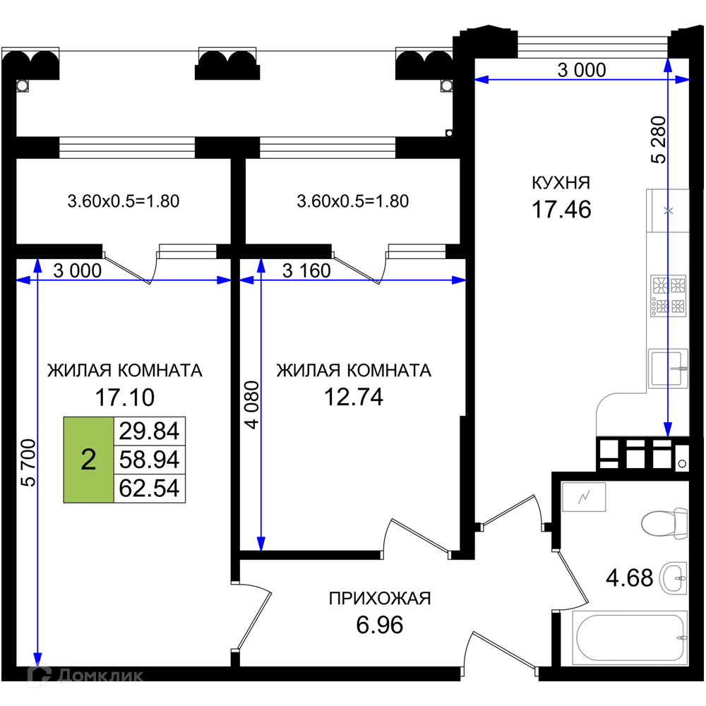 Планировка 2-комнатной квартиры 62.54 м² в ЖК Резиденция морей, г. Новороссийск — фото 1
