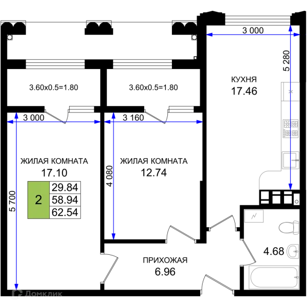 Планировка 2 комн. в ЖК Резиденция морей