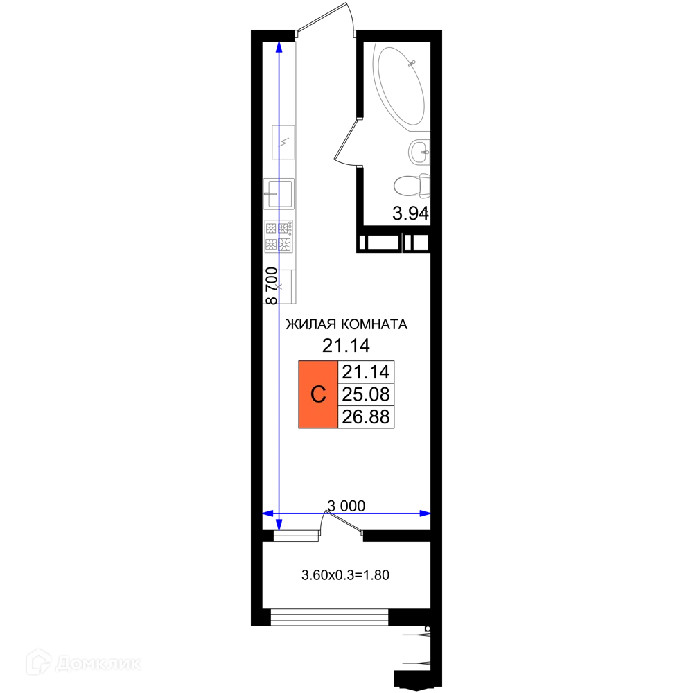 Планировка студии квартиры 26.88 м² в ЖК Резиденция морей, г. Новороссийск — фото 1