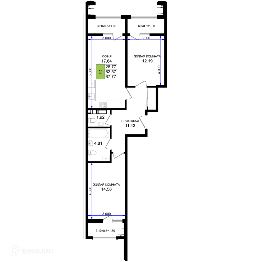 Планировка 2-комнатной квартиры 67.77 м² в ЖК Резиденция морей, г. Новороссийск — фото 1
