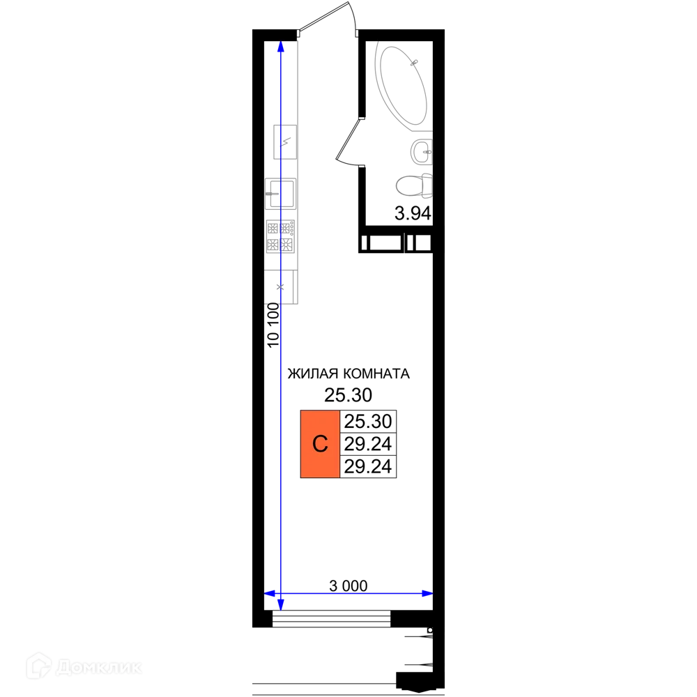 Планировка студии квартиры 29.24 м² в ЖК Резиденция морей, г. Новороссийск — фото 1