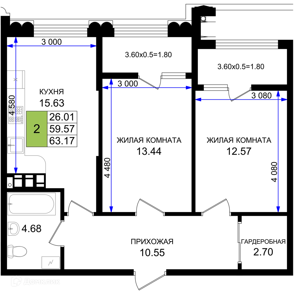 Планировка 2-комнатной квартиры 63.17 м² в ЖК Резиденция морей, г. Новороссийск — фото 1