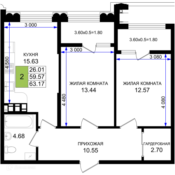 Планировка 2 комн. в ЖК Резиденция морей