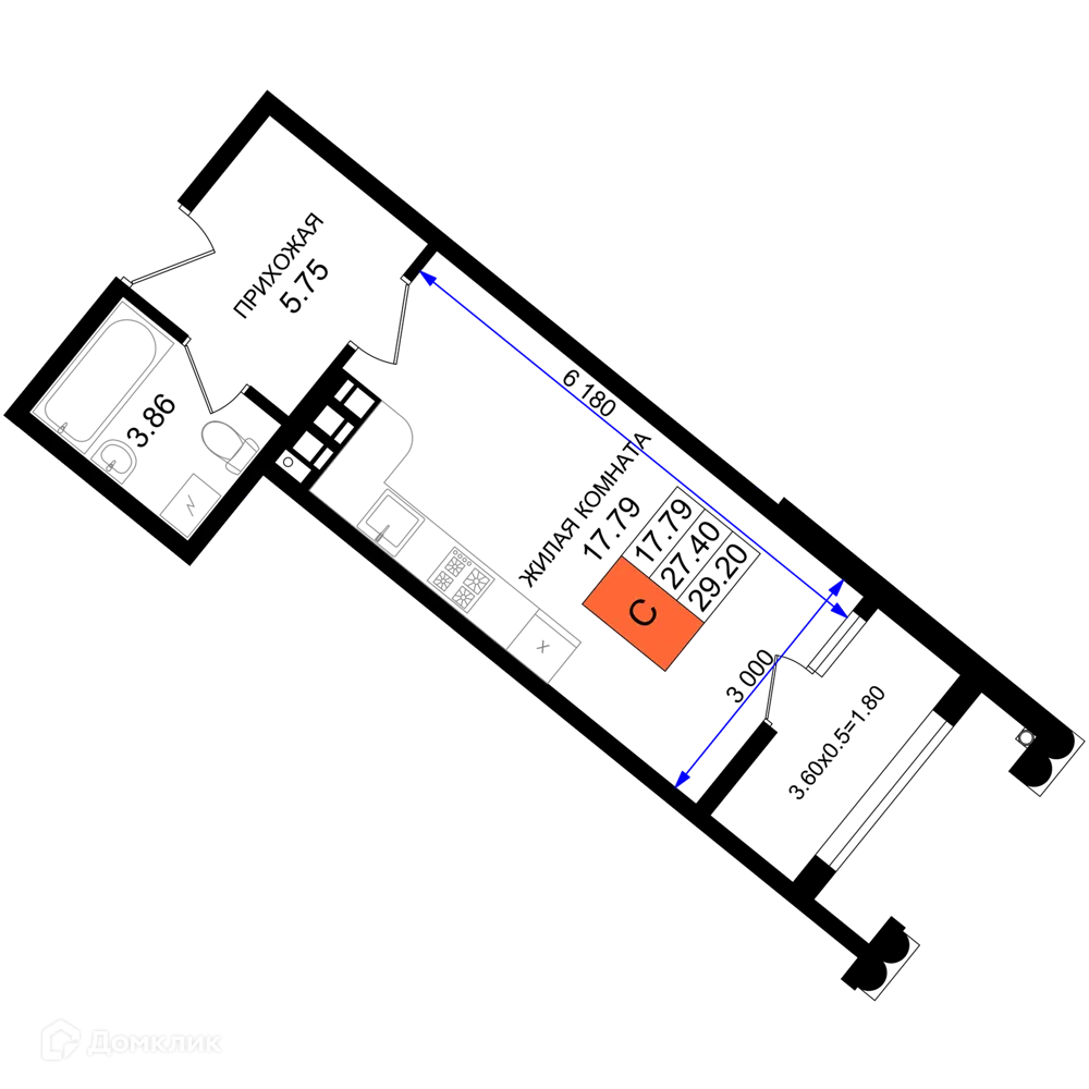 Планировка студии квартиры 29.2 м² в ЖК Резиденция морей, г. Новороссийск — фото 1