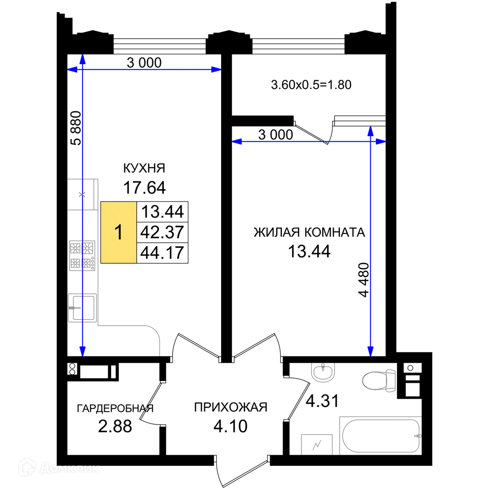 Планировка 1-комнатной квартиры 44.17 м² в ЖК Резиденция морей, г. Новороссийск — фото 1