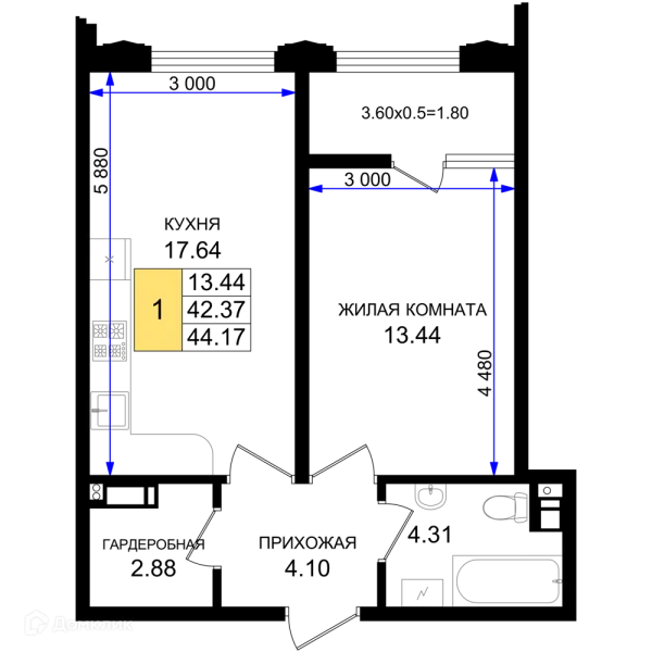 Планировка 1 комн. в ЖК Резиденция морей