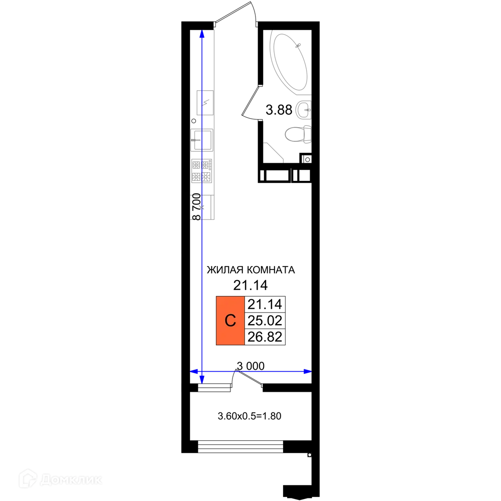 Планировка студии квартиры 26.82 м² в ЖК Резиденция морей, г. Новороссийск — фото 1