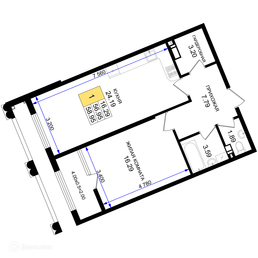 Планировка 1-комнатной квартиры 58.95 м² в ЖК Резиденция морей, г. Новороссийск — фото 1