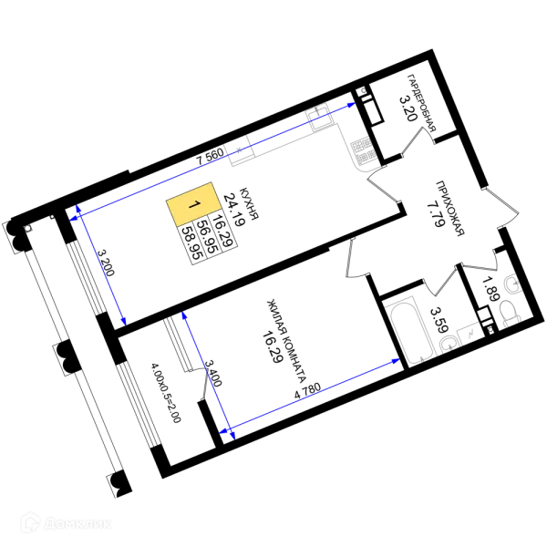 Планировка 1 комн. в ЖК Резиденция морей